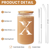 Monogram X Initial Glass Cup 16 Oz Can Coffee Cups with Lid and Straw - Gifts for Womens on Birthday
